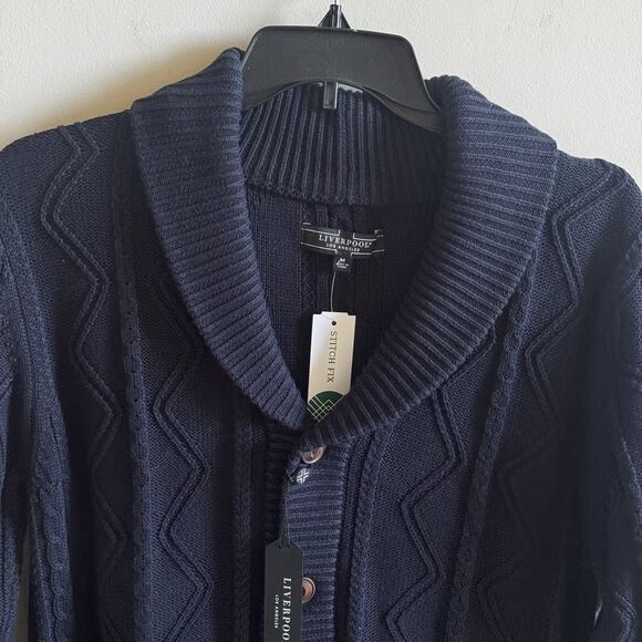 New Liverpool Mens Medium Cable Shawl Collar Cardigan Fisherman Navy Sweater - Picture 4 of 16